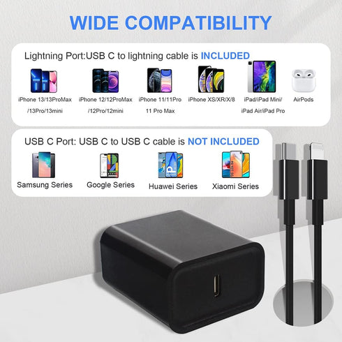 MFi Certified 20W USB C Fast Charger Compatible with iPhone 14/13/12/11/Xs/XR/X/8/iPad, 2 Pack with 10FT USB-C to