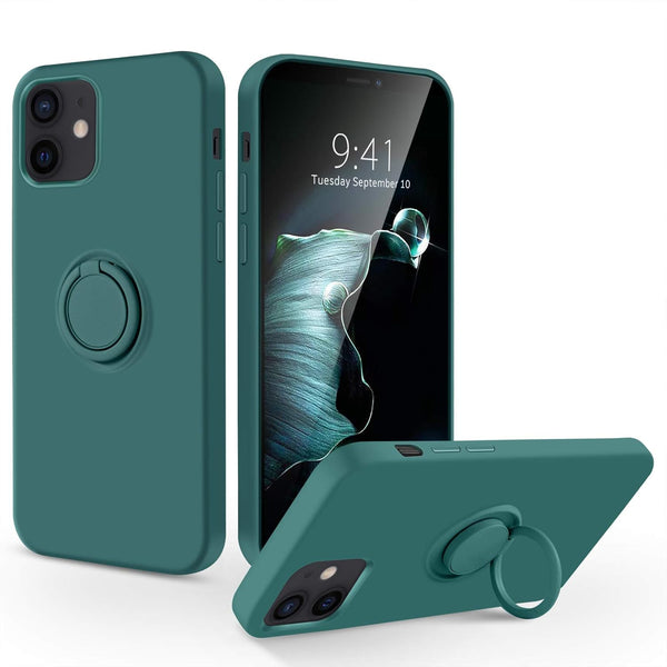 iPhone 12 Case, Slim Silicone Protective Kickstand Ring Holder for iPhone 12 Pro, Soft Rubber Hybrid Hard Bumper, Dark