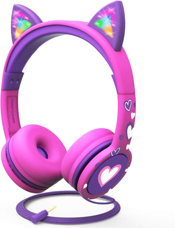 FosPower Kids Headphones with LED Cat Ears, 85 dB Safe Volume, Tangle-Free Cables, Hot Pink/Purple for School/Travel.