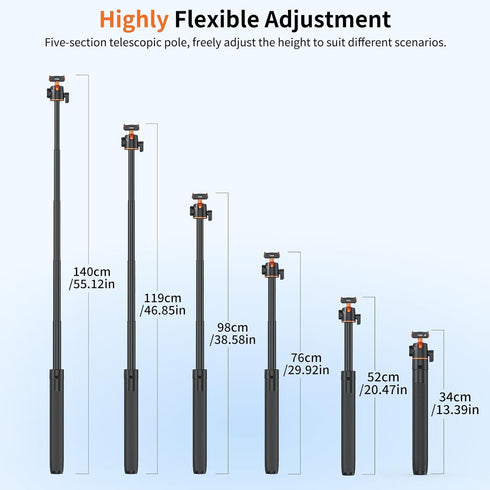 VRIG 55" 6/ 360 13 55 inches AC-71 Action Camera Selfie Stick Tripod for DJI Osmo Action Osmo Nano, Dual-Direction