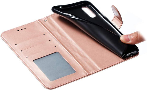 Samsung Galaxy A20S Case, Stylish PU Leather Wallet with Stand, Credit Card Slot, Shockproof Flip, Rose Gold Sunflower