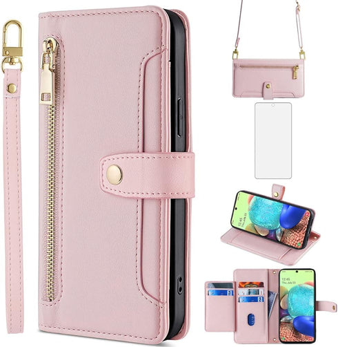 Asuwish Phone Case for Samsung Galaxy A71 5G, Zipper Leather Wallet Cover with Kickstand and Credit Card Holder - Rose