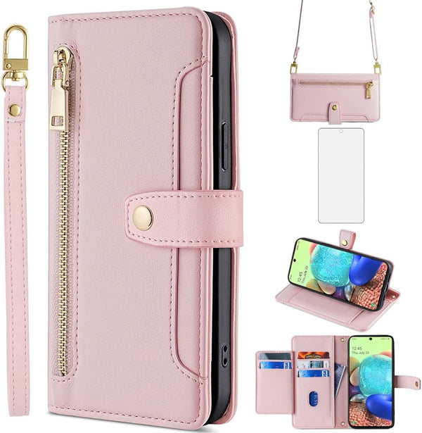 Asuwish Phone Case for Samsung Galaxy A71 5G, Zipper Leather Wallet Cover with Kickstand and Credit Card Holder - Rose