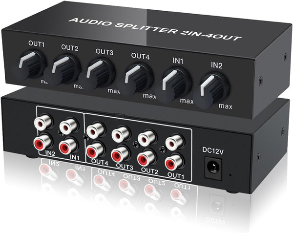 2 in 4 Out RCA L/R Audio Splitter Stereo Line Level Distributor