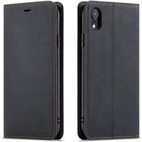 QLTYPRI for iPhone XR Case, Premium PU Leather Cover with Card Holder, Shockproof Flip Wallet Case - Black