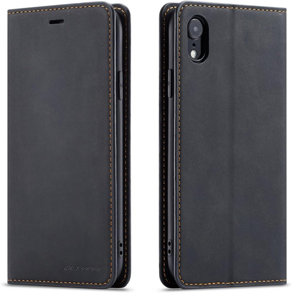 QLTYPRI for iPhone XR Case, Premium PU Leather Cover with Card Holder, Shockproof Flip Wallet Case - Black