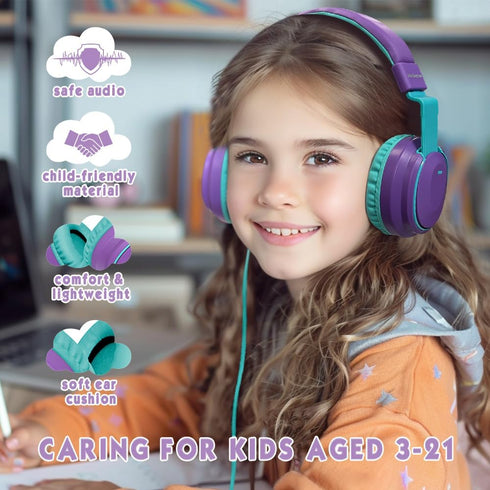 Headphone Kids Volume Limited 85/96dB, Wired Over-Ear/On-Ear Foldable Headset with Inline Cable Aux 3.5mm Cord Mic for