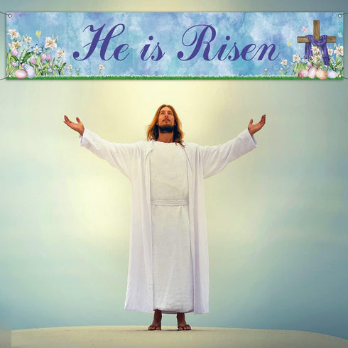 He is Risen Fence Banner, Easter Christian Cross Lily Eggs Religious Party Photo Booth Outdoor Decoration