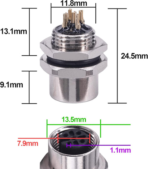 M12 5 Pin Aviation Connector Plugs, 12mm Female Socket Solder Cup, IP67 Waterproof, 5PCS Back Mount Coupling