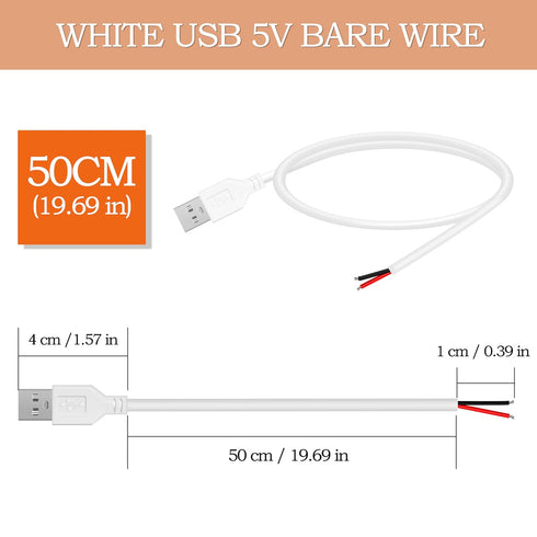 WMSDGZAI 24AWG 2.0 2 5V 2A 1.64FT 5PACK) USB Male Pin Bare Wire Pigtail Cable, USB Extension Cable Open End for DIY