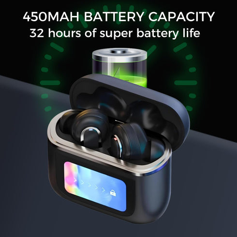 Wireless Earbuds with LCD Touch Screen, Bluetooth 5.3, Noise Cancelling, 32H Playback, IP4 Waterproof, 1.47" Screen