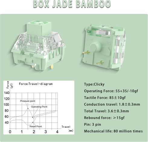 Kailh Box Bamboo Switch, 55gf Clicky Heavy 3pin Switches, IP56 Water-Proof, Compatible MX, 45pcs (Box Bamboo)