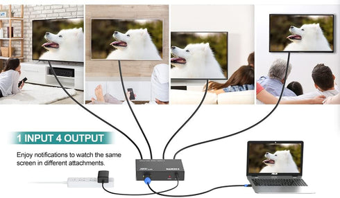 MT-ViKI 1x4 HDMI Splitter, 4 Ports with AC Adapter, 4Kx2K@30Hz 3D Full HD Distributor for PS4, Fire Stick, HDTV