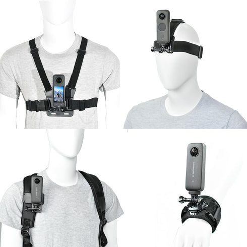 Action Camera Accessory Kit for Insta360 X4, X3, One RS, Ace Pro, Ace, GoPro Hero 12 - Chest Strap, Head Strap, Wrist