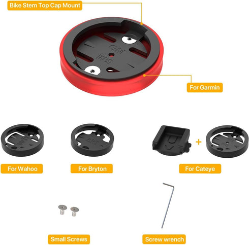 Bike Stem Top Cap Mount - Garmin Mountain Bike Mount for Garmin 25 200 130 500 510 520 520 800 810 820 1000 1030, Wahoo Elemnt, Bryton, Cateye Cycling GPS Computer, Includes Bike Phone Holder (Red)