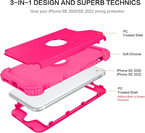 BENTOBEN for iPhone SE 2022 Case and iPhone SE 2020 Case, Heavy Duty 3 in 1 Full Body Rugged Shockproof Hybrid Hard PC Soft Rubber Girls Women Boys Cover for iPhone SE 3rd/2nd Gen, Hot Pink