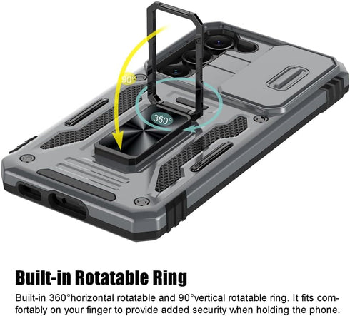 Samsung Galaxy S23 Case, Gray Shockproof Phone Case with Sliding Camera Cover & Rotatable Ring Holder + Screen Protector