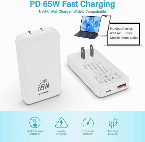 65W GaN USB C Charger, 2 Port Flat Wall Charger with PD3.0 & PPS, 3.28ft 100W Cable for MacBook, iPhone, White