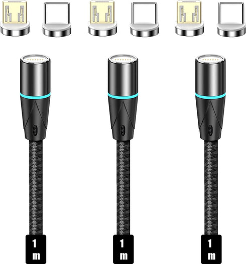 NETDOT Magnetic Charging Cable, 2in1 Gen12 (3.3ft/3 Pack Black) 18W Fast Charging for USB-C and Micro-USB Phones