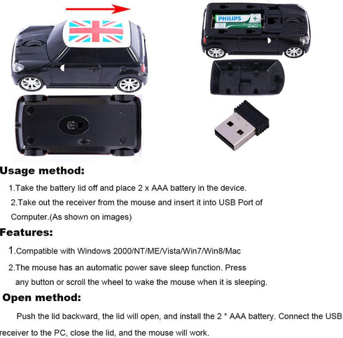 Sports Car Shaped Wireless Mouse, 3 Button Optical Ergonomic Gaming Mice with USB Receiver for PC Laptop Gift