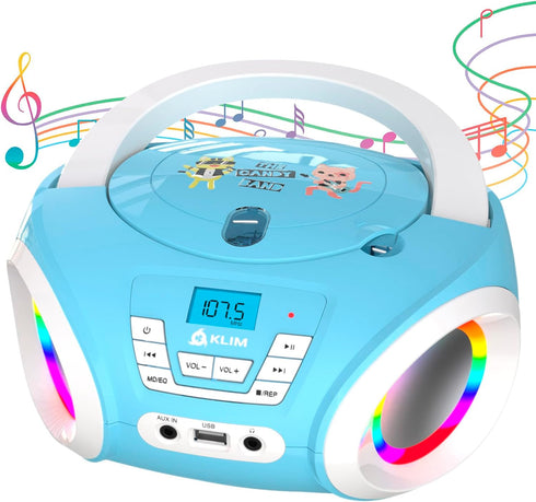 KLIM Candy Kids Boombox CD Player with FM Radio, Batteries Included, Cute Blue Radio for Kids