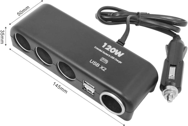 XINFENG 4 Way Car Charger Splitter Power Adapter with Multi Socket Dual USB 12V-24V