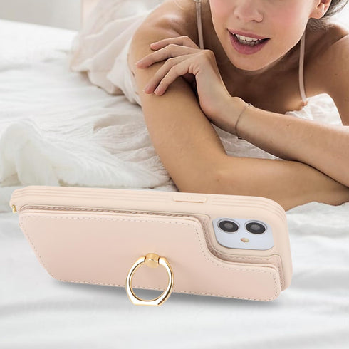 iPhone 11 Phone Case with Card Holder and Strap for Women, Crossbody Lanyard, Kickstand Ring Stand, Beige