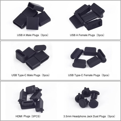 USB Cover Port Plug Caps - 30Pcs 6 Type Silicone Anti Dust Cover Laptop Port Protection Stoppers for USB Type-C, Headphone Port, HDMI, USB Type-A Plugs with Cleaning Brush Kit