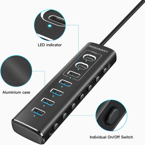 Powered USB Hub, Rosonway 7-Port USB 3.2/USB C Hub with 10Gbps USB-A, 2 USB-C, 4 USB 3.0 Ports, 12V Power Adapter