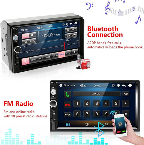 Podofo Double Din Bluetooth Car Stereo with Backup Camera, 7" Touch Screen, MP5 Player, Bluetooth Hands-Free Call