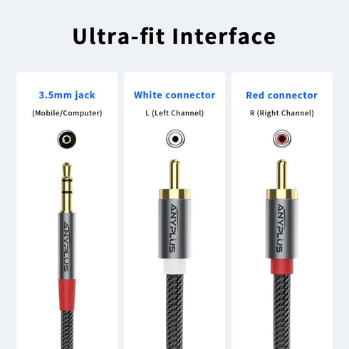 2RCA to 3.5mm Y Splitter, 1M Auxiliary Cord for Smartphone, Tablet, HDTV, MP3 Player, 2-Male Headphone Jack.