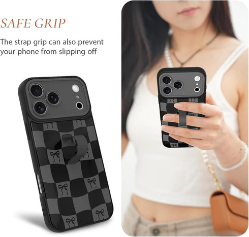 Jefonha 17 17 6.9 inch, Checkered Case for iPhone Pro Max with Finger Strap Kickstand Cute Checkerboard Bow Phone Case
