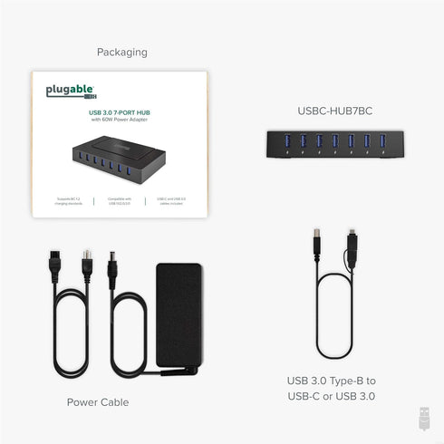 Plugable 7-in-1 USB Powered Hub for Laptops, USB Power Station for Multiple Devices with 60W Power Adapter