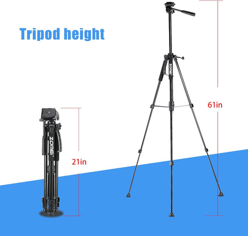61’’ Camera Tripod with Phone Holder - Professional Travel Tripod Compatible with Cameras, Cell Phones, Projectors