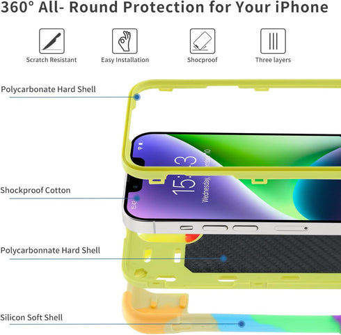 Heavy-Duty Shockproof Case for iPhone 14 Plus 6.7 Inch, with Ring Stand, 2 Pack Glass Screen Protector, Rainbow Green