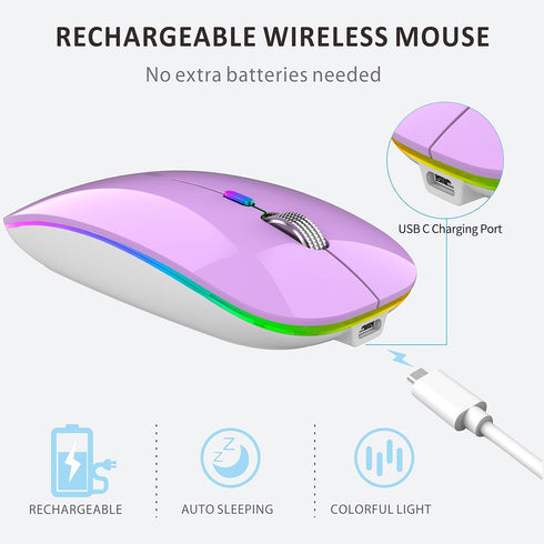 Uiosmuph LED Wireless Mouse, G12 Slim Rechargeable Silent Mouse with USB Receiver and Type C Adapter (Purple)