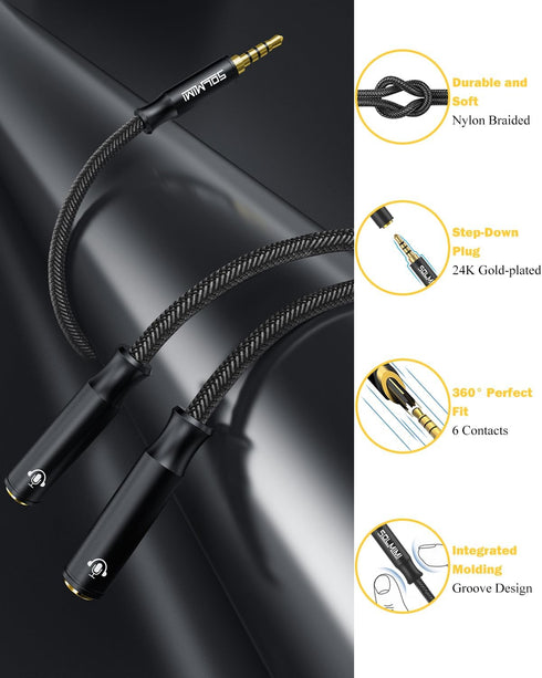 3.5mm Audio Splitter (2 Pack) - Matte Black, 4 Pole TRRS, One Male to Two Female for PC, Xbox, PS4, Smartphones (1ft)