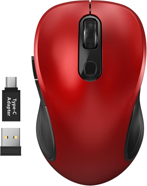WisFox 2.4G Wireless Mouse for Laptop, Ergonomic Computer Mouse with USB Receiver and Type-C Adapter, Red