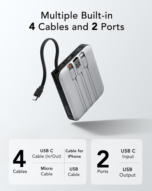 VRURC 10000mAh 22.5W Pack, 17 16 15 Portable Charger with Built-in Cable, Fast Charging USB C Battery Cell Phone Power