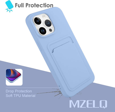 MZELQ Silicone Case for iPhone 15 Pro, Card Holder Camera Protection Cover + Screen Protector, Purple