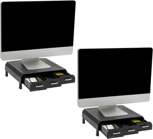 Mind Reader Monitor Stand with 3 Storage Drawers, Desktop Organizer Riser, Set of 2, 13.5"L x 13"W x 4"H, Black