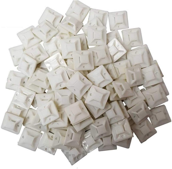 Premium Grade Strength Cable Tie Mounts (25mm x 25mm) Self ADHESIVE Clips Wire Tie Base - 100 Clear/White