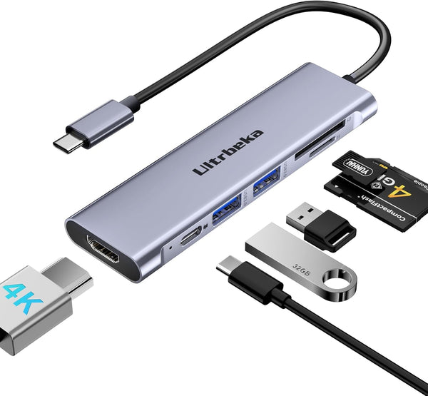 USB C Hub 7in1, 4K HDMI Multiport Adapter, TF/SD Card Reader, 2×Powered USB-A 3.0, 100W PD Dongle Adapter for Type C