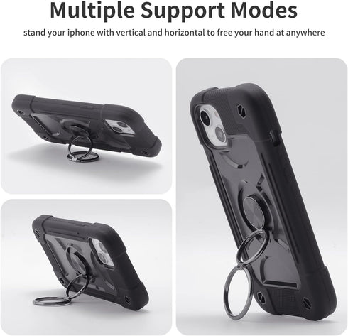 iPhone 14 Plus Case 6.7" - Heavy-Duty Rugged Cover (Black) with Ring Stand, 2 Glass Screen Protectors & 1 Camera Lens
