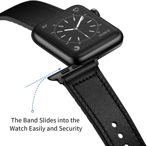 OUHENG Compatible with Apple Watch Band, Sweatproof Genuine Leather and Rubber Hybrid Band, Black