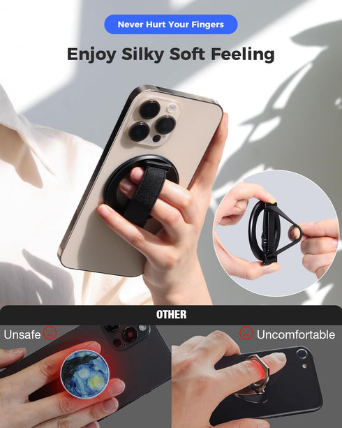 SUPERONE 2024 Upgrade MagSafe Phone Grip with Finger Strap, Removable Ring Holder with Kickstand for iPhone 15/14/13/12