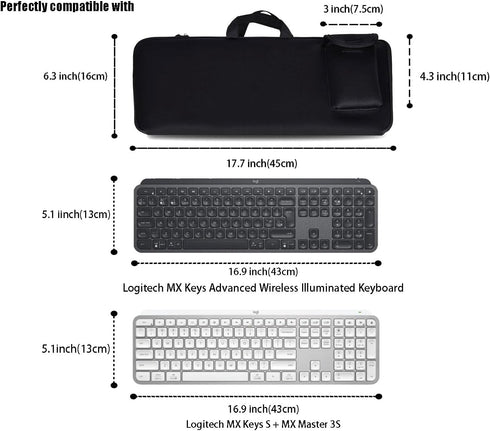 Keyboard Sleeve Travel Case for Logitech MX Keys/MX Keys S Advanced Wireless Illuminated Keyboard,Soft Neoprene Bag, Zipper Mouse Storage and Cable Storage Pouch (Black)