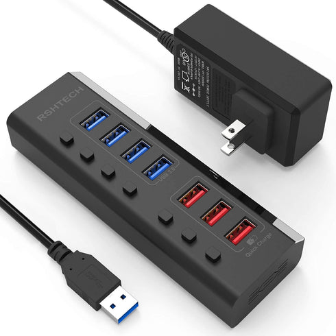 RSHTECH 7 Ports USB 3.0 Powered Hub with 4 High Speed Data Transfer + 3 Fast Charging Ports, 36W Adapter (A37-Black)