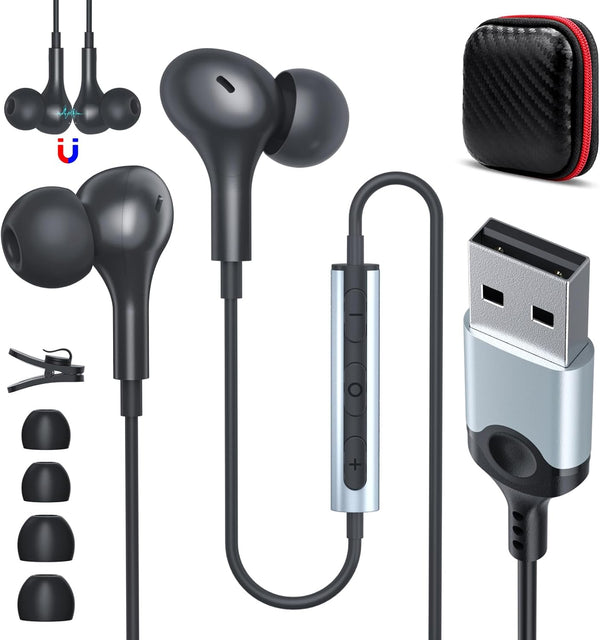 USB Headset with Microphone for PC, 7.5 Ft Cable, Wired USB Earbuds with Mute in-Line Stereo Noise Canceling for Laptop