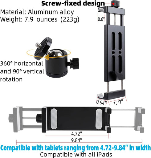 Aluminum Tripod Mount Adapter for iPad, 360 Rotatable Tablet Holder Compatible with iPad Air/Mini, Samsung Tab, and